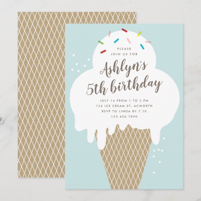 Invitation Cône de glace enfants bleu fête d'anniversaire (Devant / Derrière)