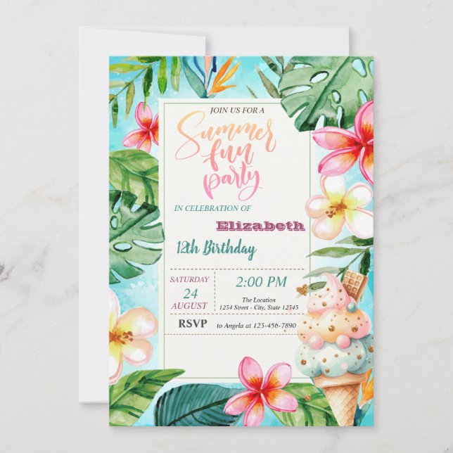 Invitation  Cône de glace Fleurs d'été Fête d'anniversaire  (Devant)