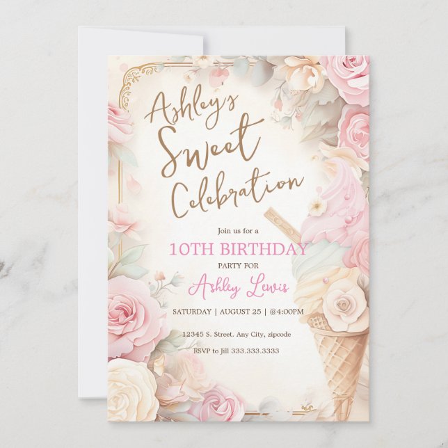 Invitation Cône de glace vintage, glace rose blush (Devant)