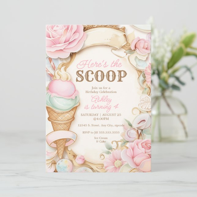 Invitation Cône de glace vintage glace rose pastel (Debout devant)