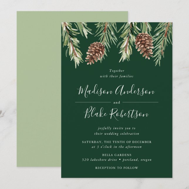 Invitation Cône de pin aquarelle hivernale mariage vert (Devant / Derrière)
