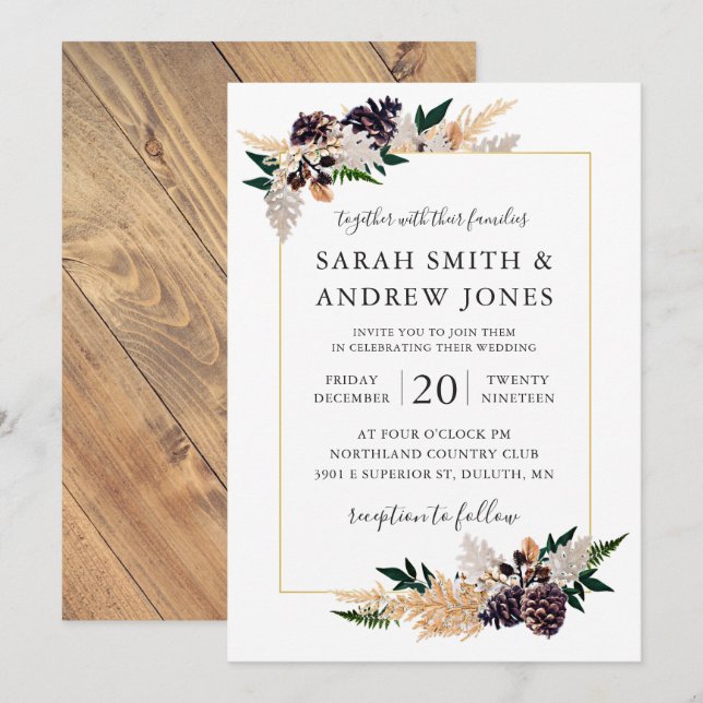 Invitation Cône, fougère et verdure rustiques de pin (Devant / Derrière)