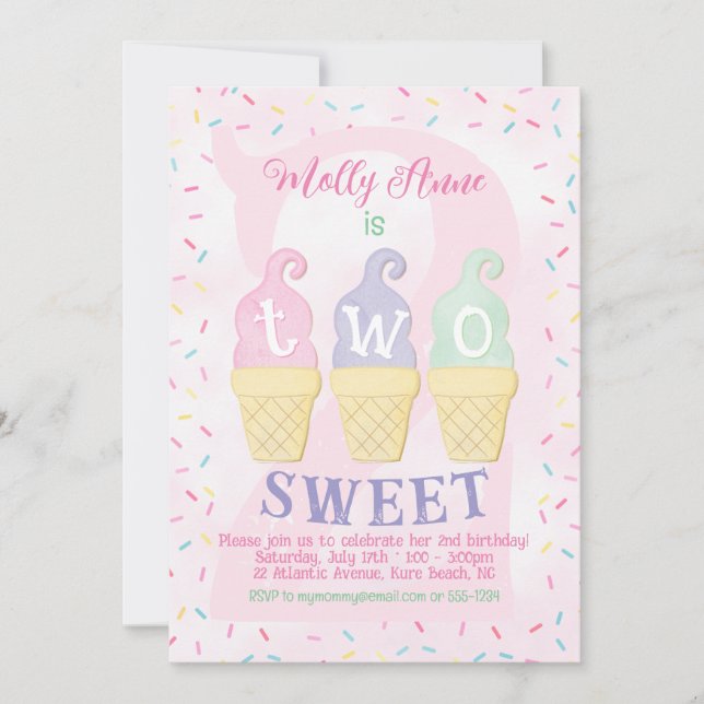 Invitation Cones de crème glacée Saupoudrer Pastel Rose 2e an (Devant)