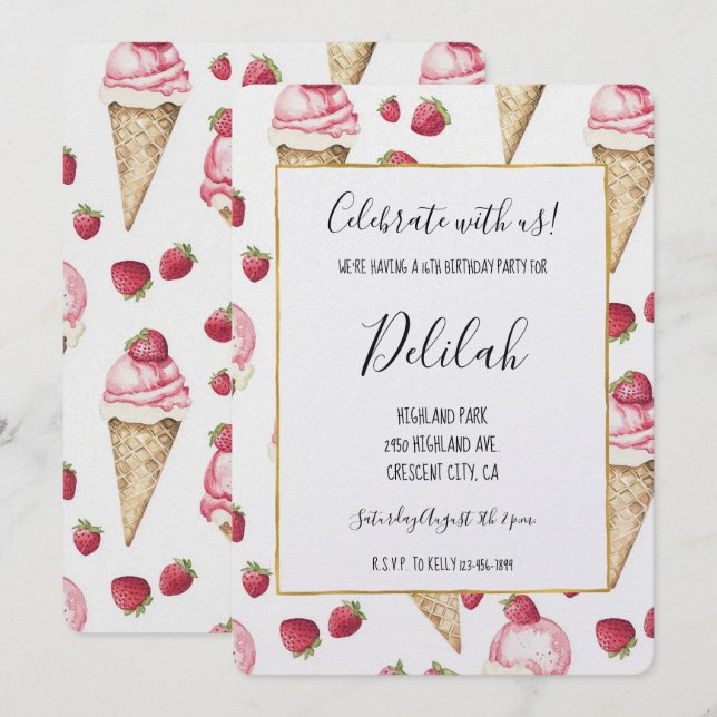 Invitation Cônes de glace à la fraise Anniversaire (Devant / Derrière)