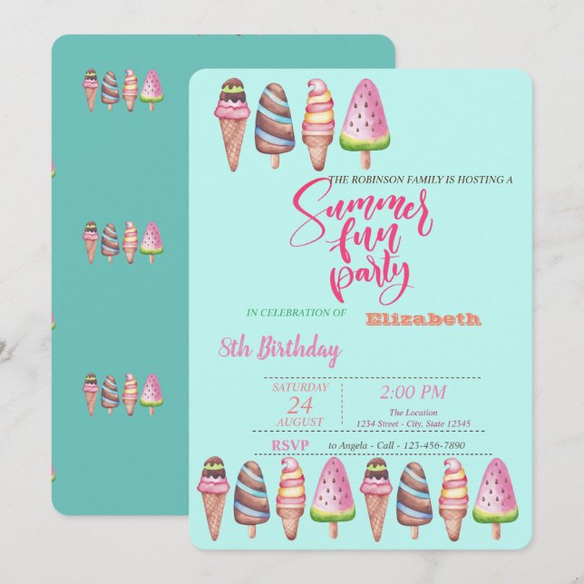 Invitation Cônes de glaces Anniversaire Party d'été  (Devant / Derrière)