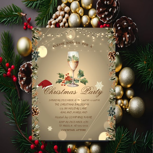 Invitation Cônes de pin,Branches,Chapeau de Père Noël Champag (Créateur téléchargé)