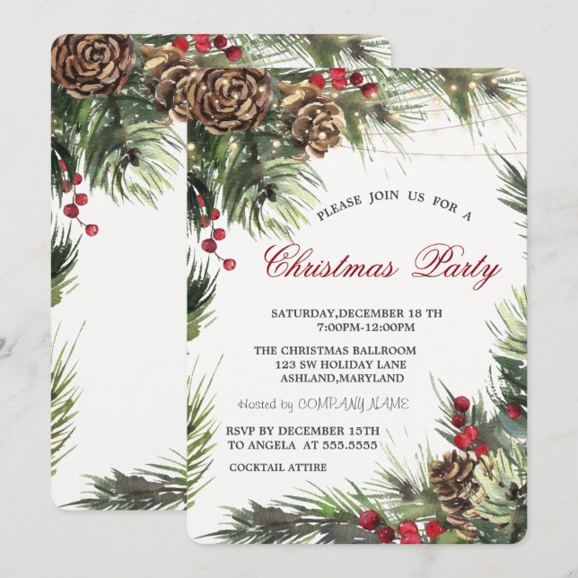 Invitation Cônes de pin, branches de pin Fête de Noël  (Devant / Derrière)