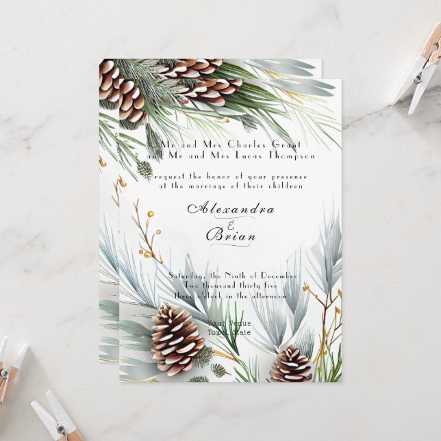Invitation Cônes de pin de mariage d'hiver Neige Branches de  (Devant/Arrière en situation)