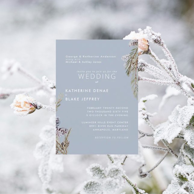 Invitation Cônes de Pin enneigés Mariage Bleu Glacé Hiver (Créateur téléchargé)