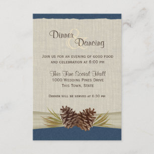 Invitation Cônes de pin et réception bleu marine en toile de