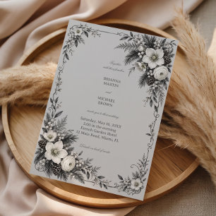 Invitation Cônes de pin tissés à travers des fleurs argentées