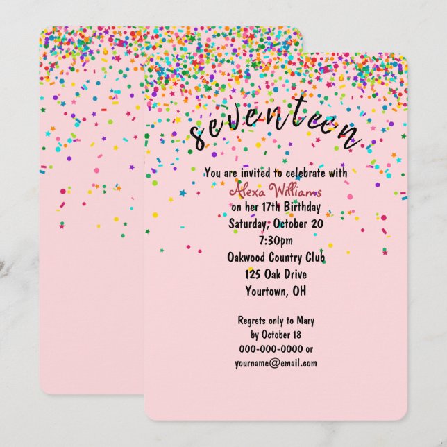 Invitation confetti 17e fête d'anniversaire (Devant / Derrière)