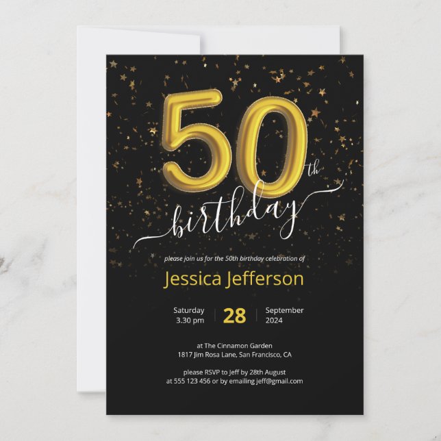 Invitation Confetti 50e anniversaire Black Gold Balloon moder (Devant)