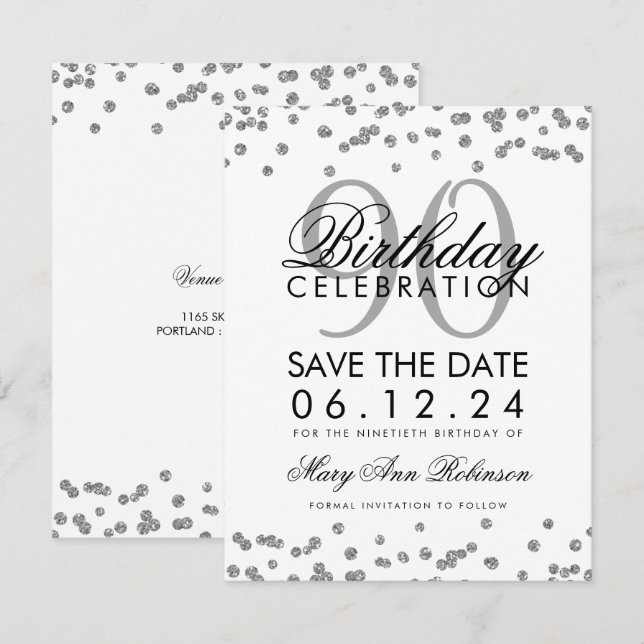 Invitation Confetti, 90e anniversaire de l'argent (Devant / Derrière)