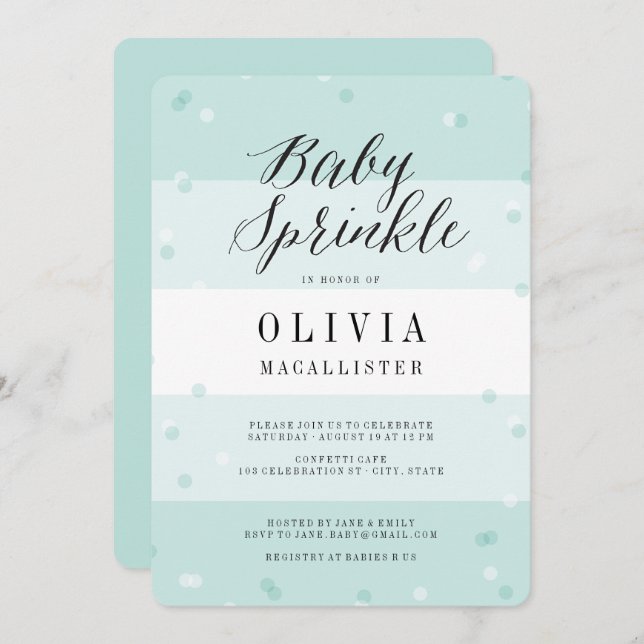 Invitation Confetti Aqua Stripes Garçon Baby Sprinkl Invitati (Devant / Derrière)