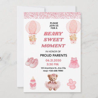 INVITATION CONFETTI, BEARY SWEET MOMENT GIRL 5X7 BABY SHOWER