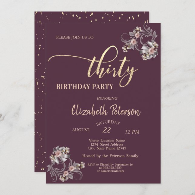 Invitation Confetti Bourgogne Floral 30e fête d'anniversaire (Devant / Derrière)