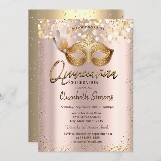 Invitation Confetti Chic Masque Rose Gold Quinceañera (Devant / Derrière)