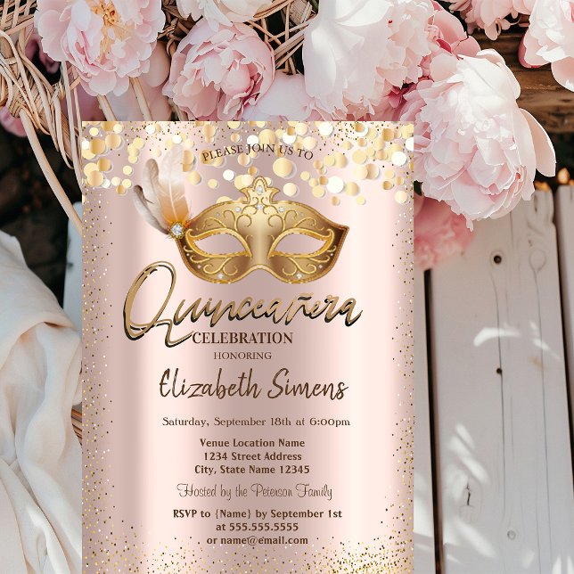 Invitation Confetti Chic Masque Rose Gold Quinceañera (Créateur téléchargé)