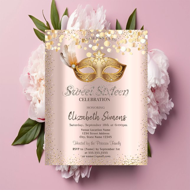 Invitation Confetti Chic Masque Rose Gold Sweet 16 (Créateur téléchargé)