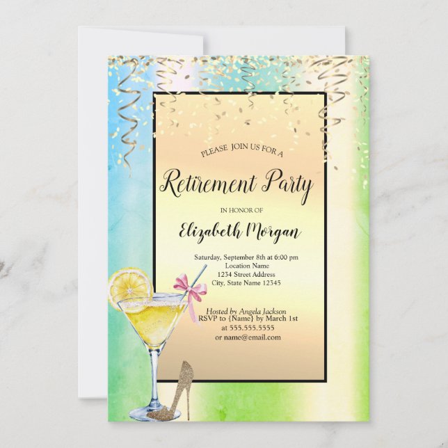 Invitation Confetti Cocktail Lemon Or Vert Retraite  (Devant)