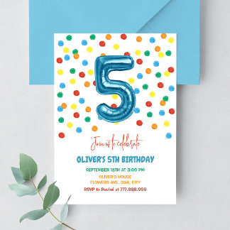 Invitation Confetti coloré Cinq Balloon 5e anniversaire garço