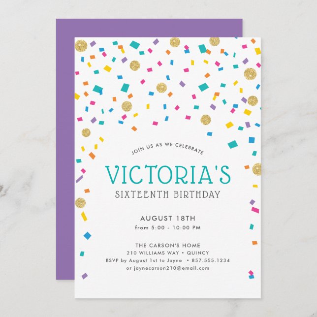 Invitation Confetti coloré fête d'anniversaire (Devant / Derrière)