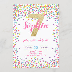 Invitation Confetti coloré Numéro d'or Fille 7e anniversaire