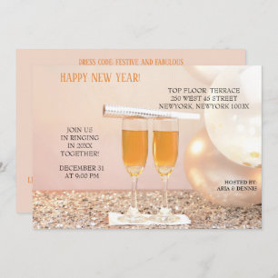 Invitation Confetti d'argent Flutes de champagne du Nouvel An