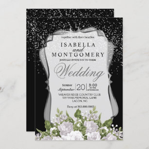Invitation Confetti d'argent, Mariage floral noir et blanc