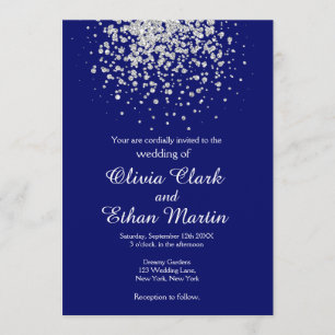 Invitation Confetti d'argent moderne sur Royal Blue