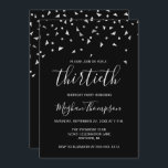 Invitation Confetti d'argent sur Black 30th Birthday Party<br><div class="desc">Ce design moderne présente des confettis triangulaires en faux argent sur un arrière - plan noir. Le mot "trentième" apparaît dans une police élégante d'écriture gris clair. Personnalisez l'invitation avec le nom de l'honoré en gris clair de police d'écriture, ainsi que la date, le lieu, et d'autres détails en gris...</div>