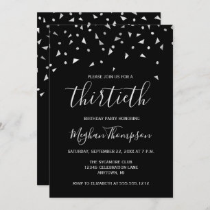 Invitation Confetti d'argent sur Black 30th Birthday Party