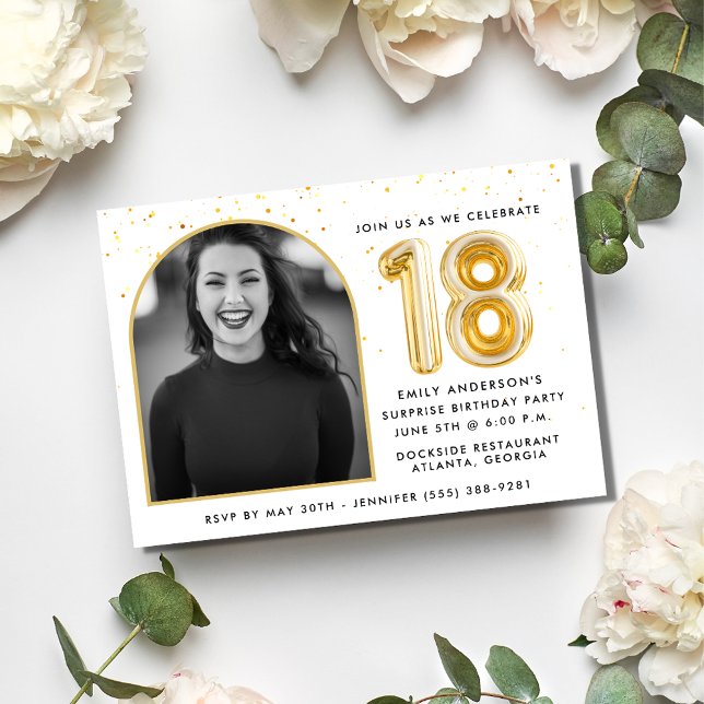 Invitation Confetti de ballon doré moderne pour les 18 ans  (Modern Gold Balloon Confetti 18th Birthday Party Invitation)