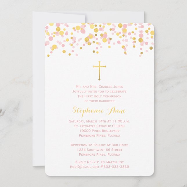 Invitation Confetti de communion rose et or (Devant)