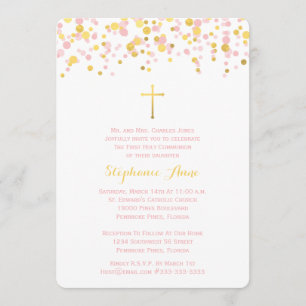 Invitation Confetti de communion rose et or