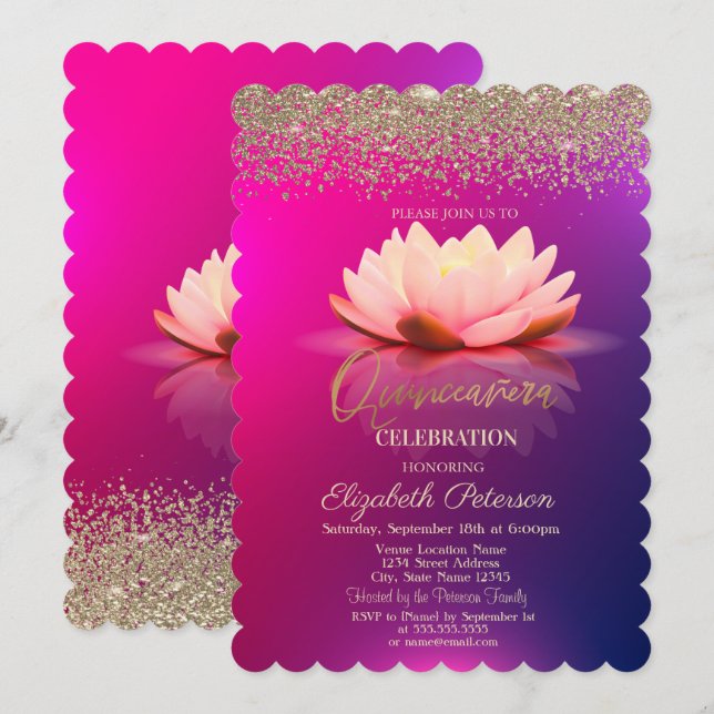 Invitation Confetti Diamant Or Lotus Ombre  (Devant / Derrière)