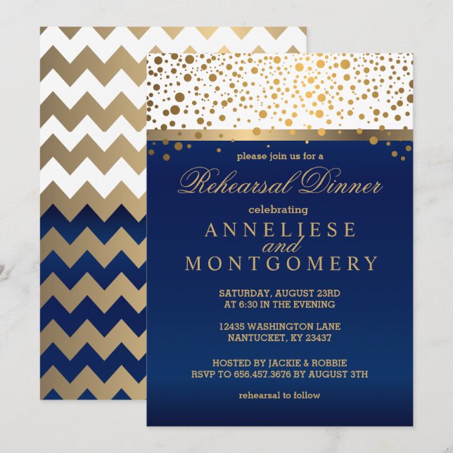 Invitation Confetti d'or blanc et marine - Dîner de répétitio (Devant / Derrière)