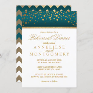 Invitation Confetti d'or blanc et Turquoise - Dîner de répéti