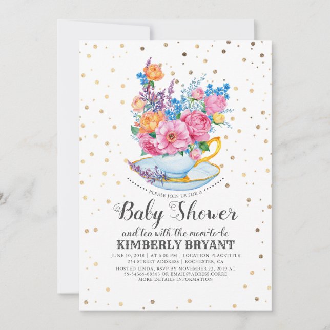 Invitation Confetti d'or | Fête du thé au Baby shower floral (Devant)