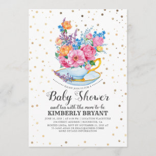Invitation Confetti d'or   Fête du thé au Baby shower floral