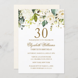 Invitation Confetti d'or floral blanc 30e anniversaire
