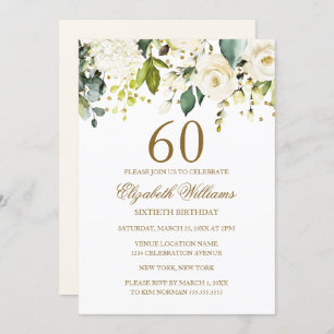Invitation Confetti d'or floral blanc 60e anniversaire