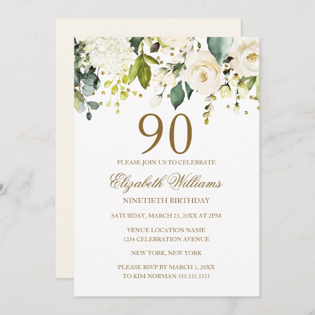 Invitation Confetti d'or floral blanc 90e anniversaire (Devant / Derrière)