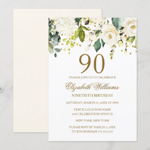 Invitation Confetti d'or floral blanc 90e anniversaire