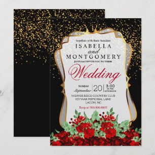 Invitation Confetti d'or, Mariage floral noir et rouge