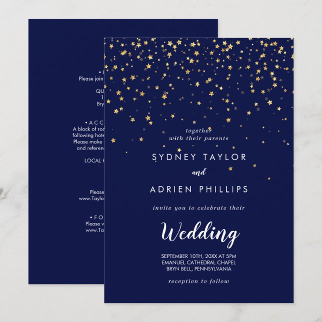 Invitation Confetti d'or | Marine Mariage avant et arrière (Devant / Derrière)