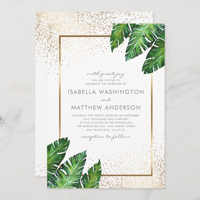 Invitation Confetti d'or & Palm Feuille Mariage (Devant / Derrière)