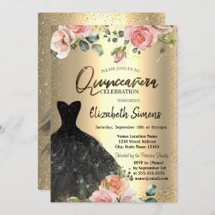 Invitation Confetti d'or, Robe noire Rose Quinceañera