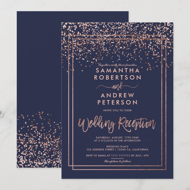 Invitation confetti d'or rose marine bleu mariage réception (Devant / Derrière)